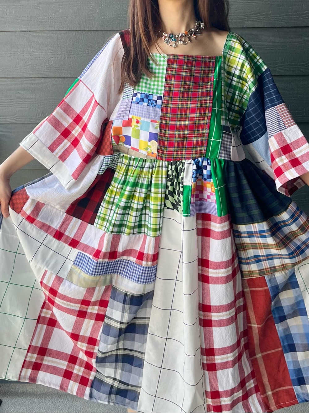 Handmade Quilted Patchwork Plaid Dress SKU 07185 With Matching Scrunchies